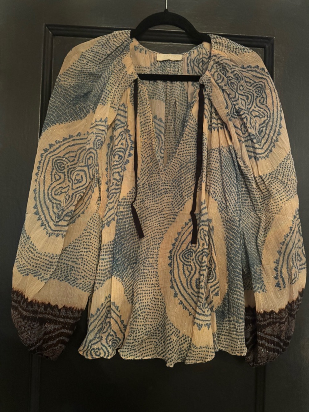 Ulla Johnson Cream and Blue Printed Peasant Shirt Size 8 lightweight